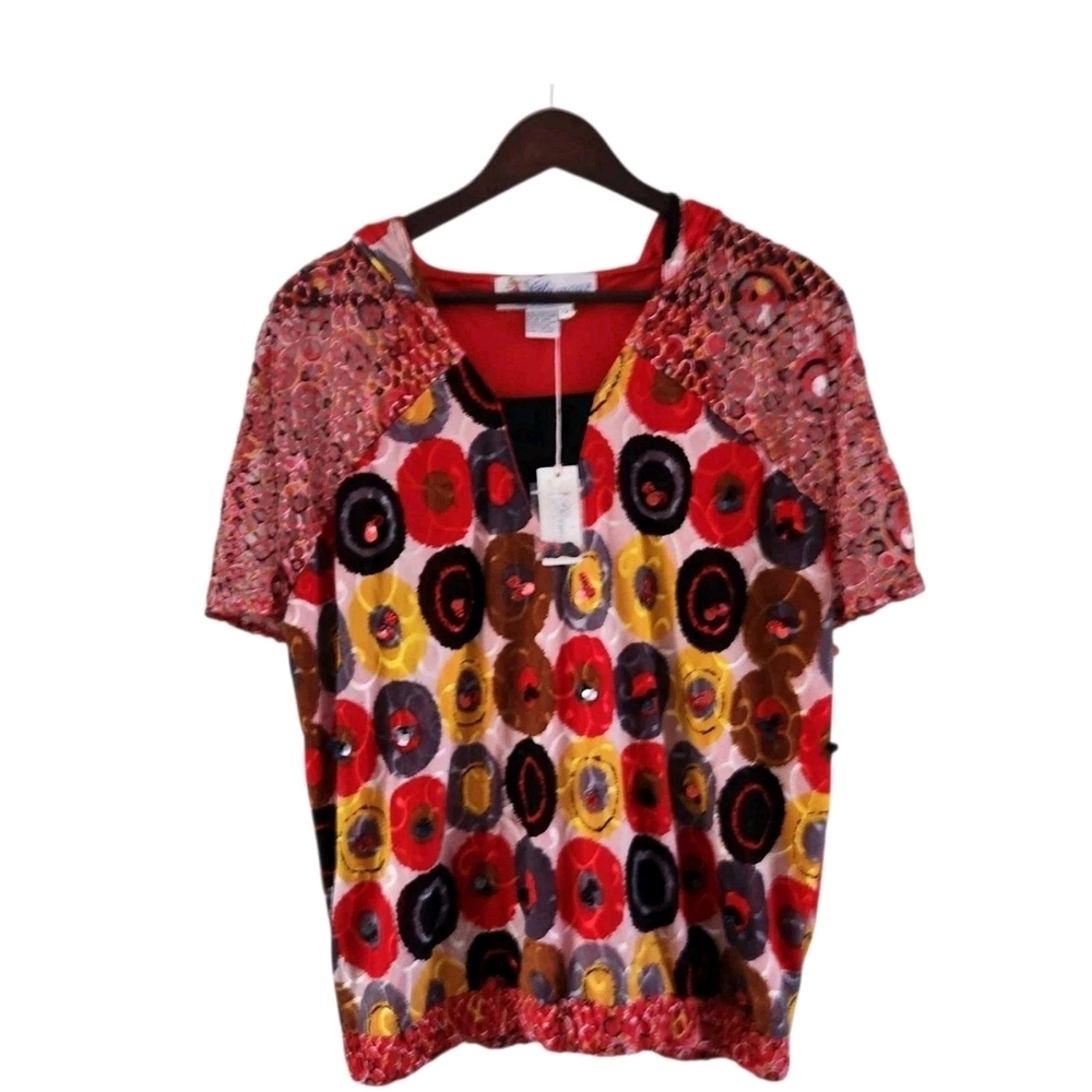 Glamour Costumes Red Sequins Hooded Short Sleeve Top Shirt Womens XL NEW